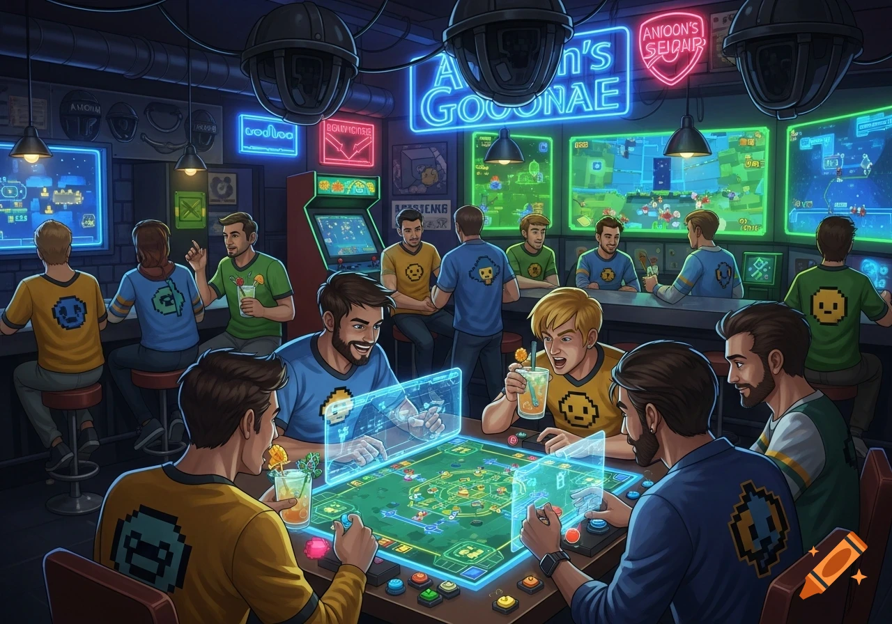An animated scene inside a neon-lit bar where men are playing board games with holographic elements and other video games on screens in the background.