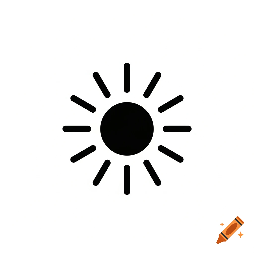 A black and white pictogram of a sun with ten rays.