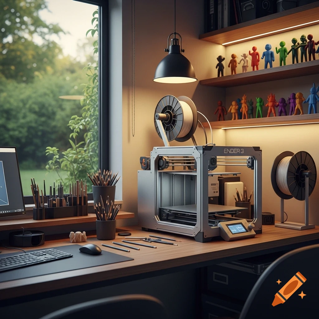 A photorealistic image of a 3D printer on a wooden desk in a well-lit home office, with shelves of colorful figurines above.