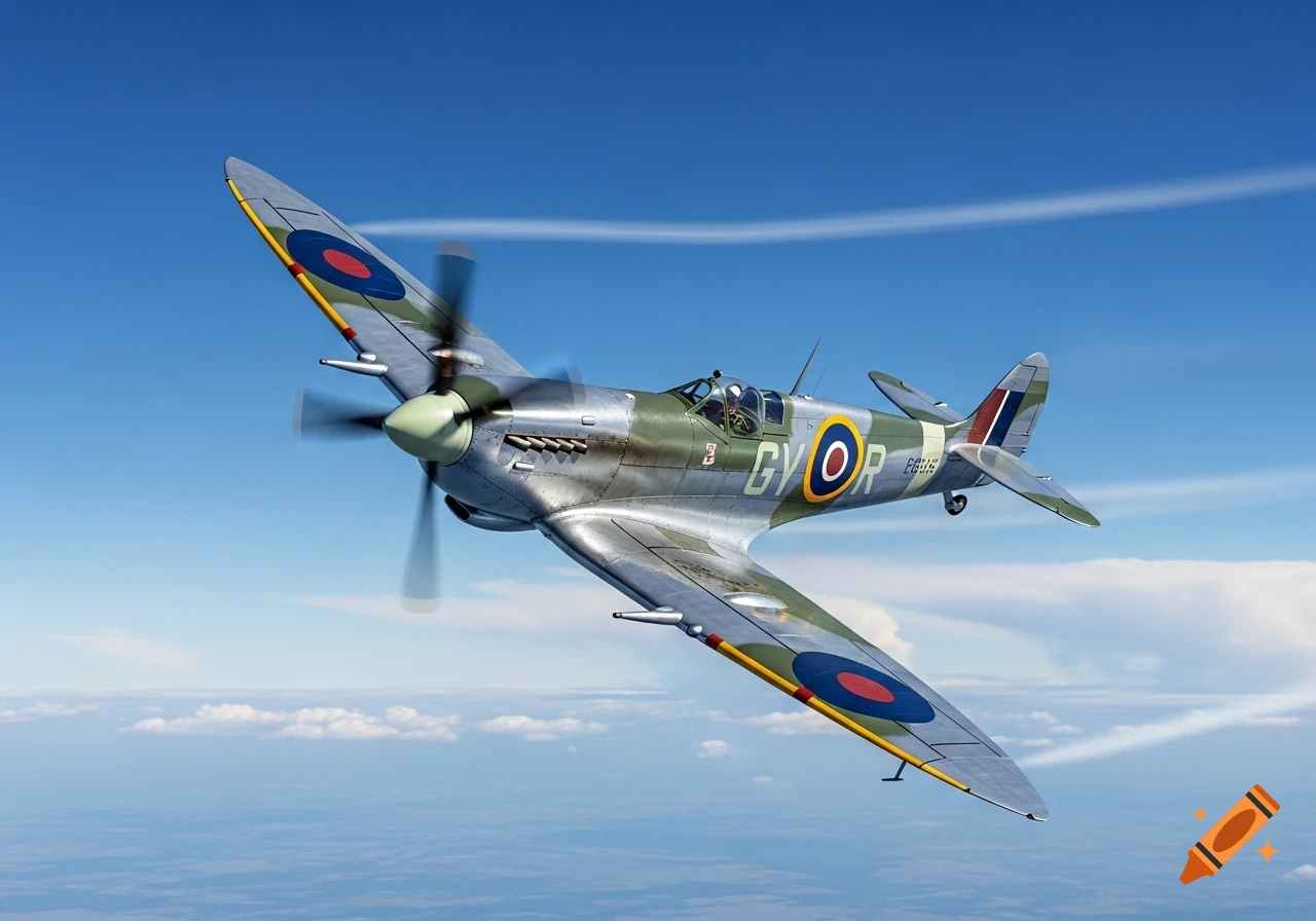 Photorealistic camouflage Spitfire plane with spinning propeller flying in a clear blue sky.