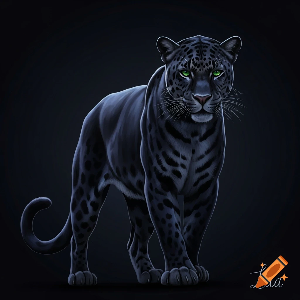 A majestic black panther with striking green eyes stands in the dark, looking forward in a digital art style.