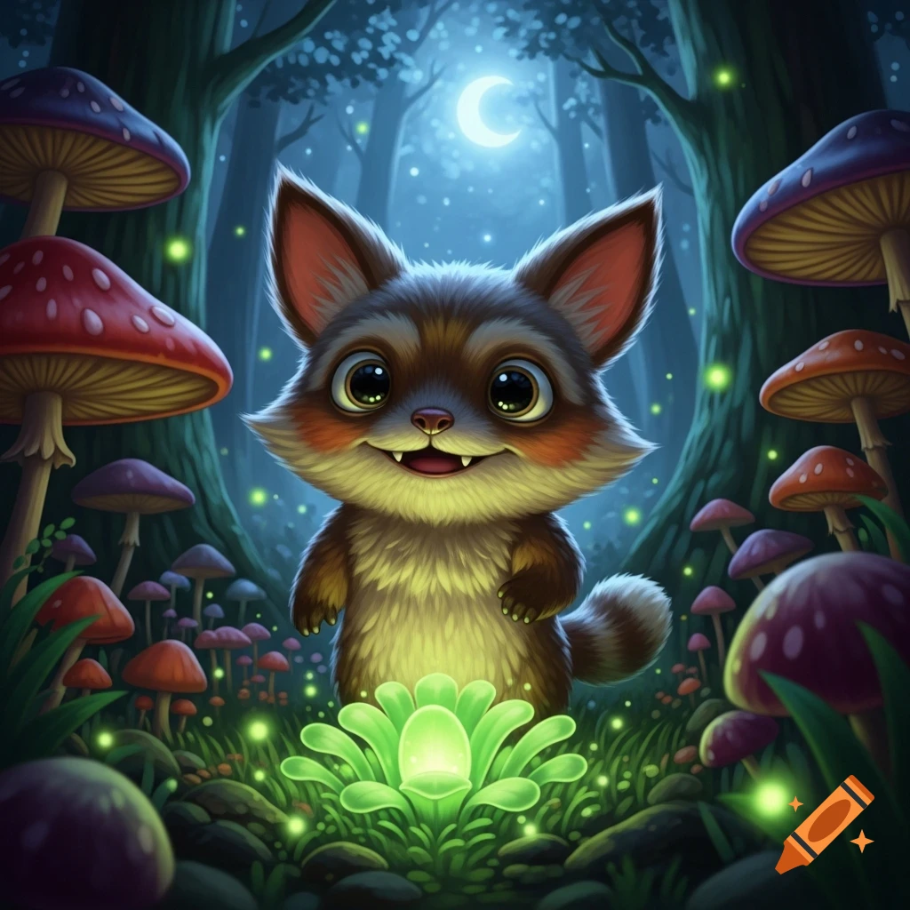 Cute, brown, fox-like creature smiles, glowing in a magical forest at night with glowing mushrooms and a crescent moon, cartoon style.