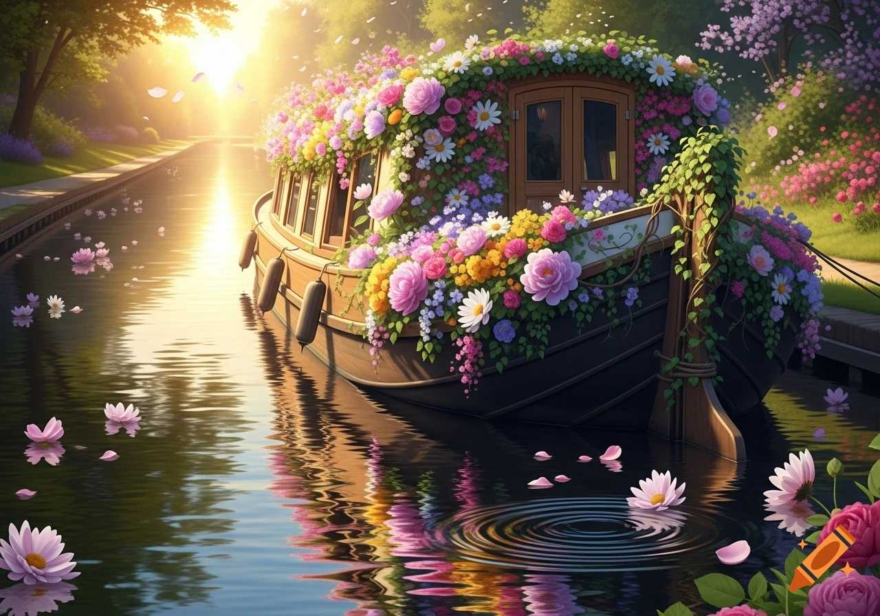 A small, elaborately decorated barge covered in colorful flowers floats on a sunny canal, surrounded by lush greenery.