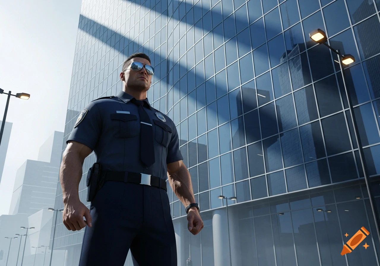 A muscular police officer in sunglasses stands confidently in front of a modern glass skyscraper in a photorealistic style.
