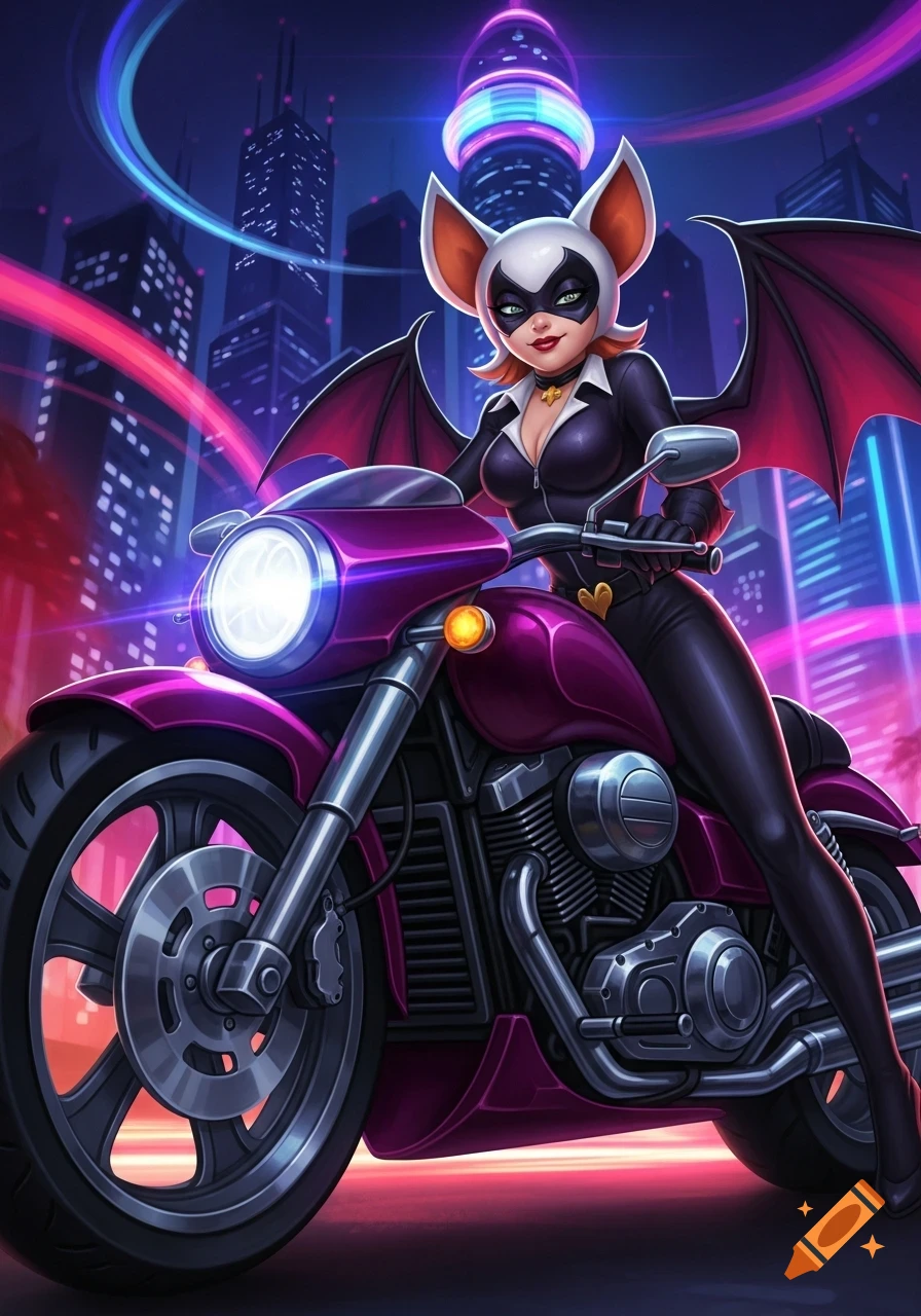 Rouge the Bat in a black catsuit and bat mask poses on a purple motorcycle in a neon city at night, stylized art.