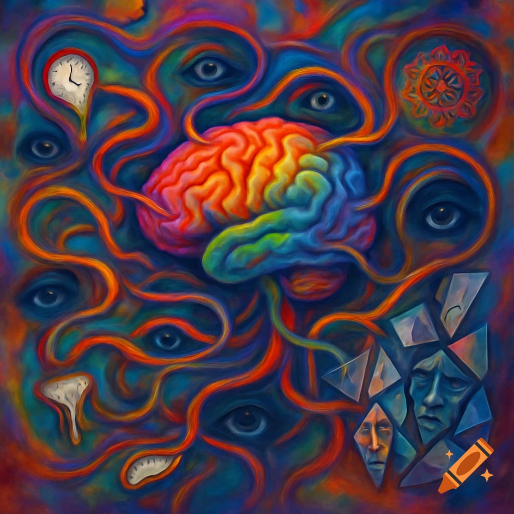 Vibrant, surreal painting of a rainbow-colored brain with orange tendrils, eyes, melting clocks, and fragmented faces.