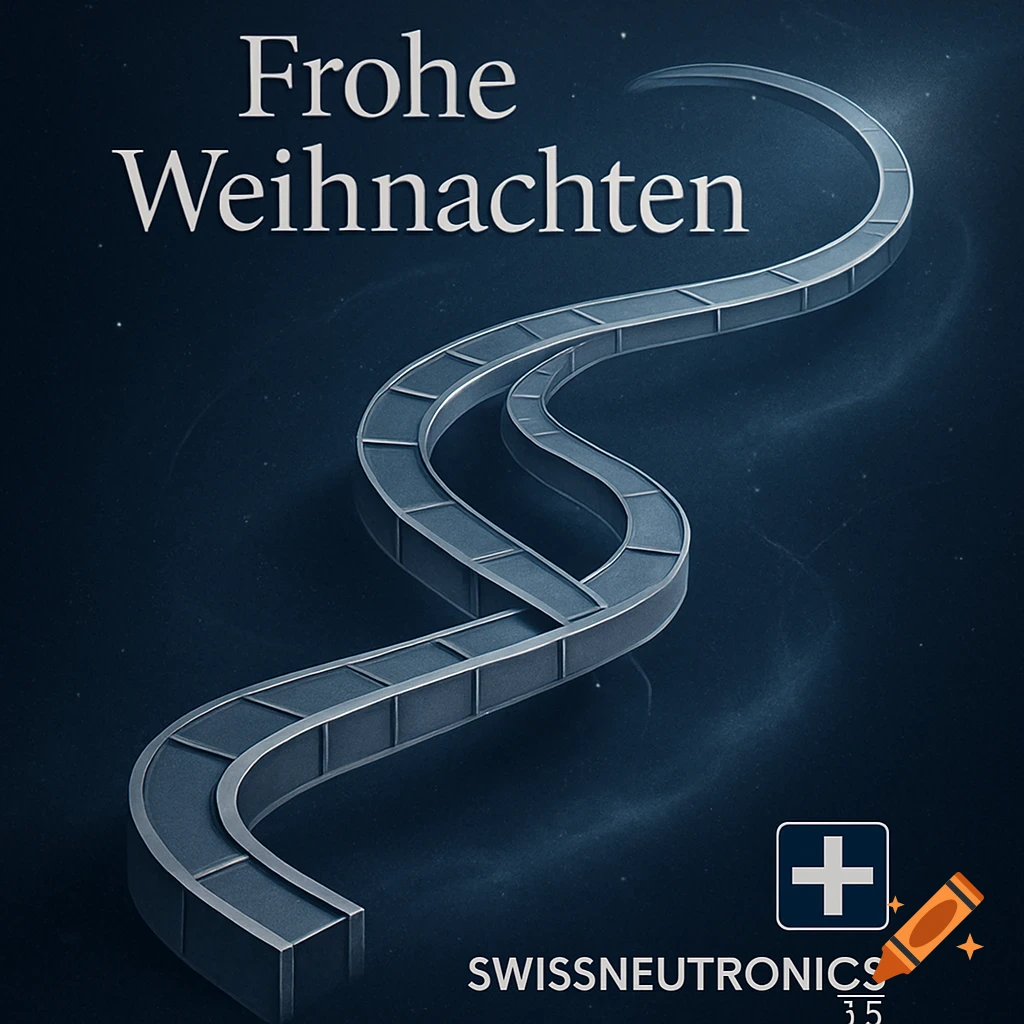 A modern Christmas card featuring the text "Frohe Weihnachten" at the top, and a winding, metallic, segmented path. At the bottom, the text "SWISSNEUTRONS 3.5" and a white cross logo are visible on a dark, star-speckled background.