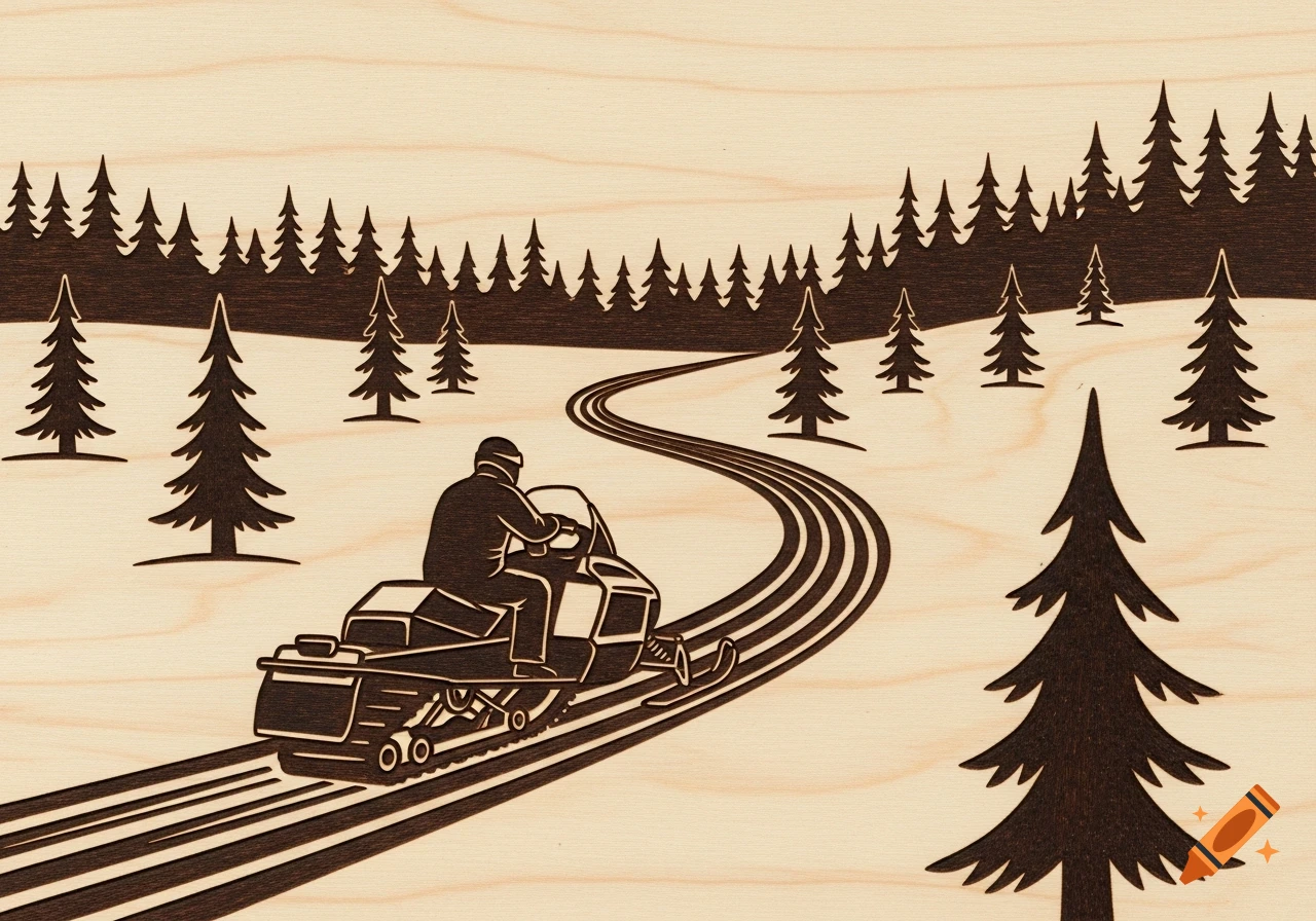 Simple woodburning illustration of a person on a snowmobile riding a winding trail through snowy evergreen trees.