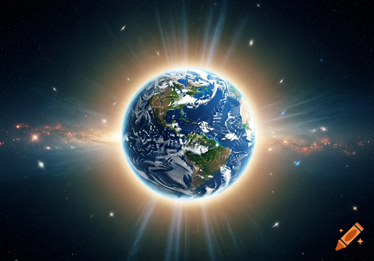 The planet Earth glowing brightly against a backdrop of stars and a distant galaxy.