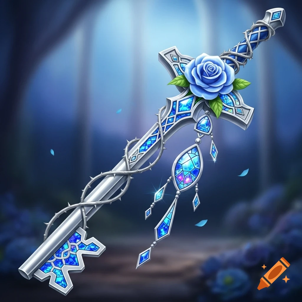 A silver keyblade adorned with a blue rose, thorns, and luminous blue stained glass patterns, set against a blurred blue background.