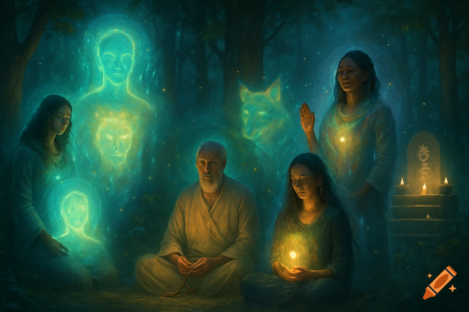 People meditating in a dark, mystical forest with glowing spiritual figures and an ethereal wolf.