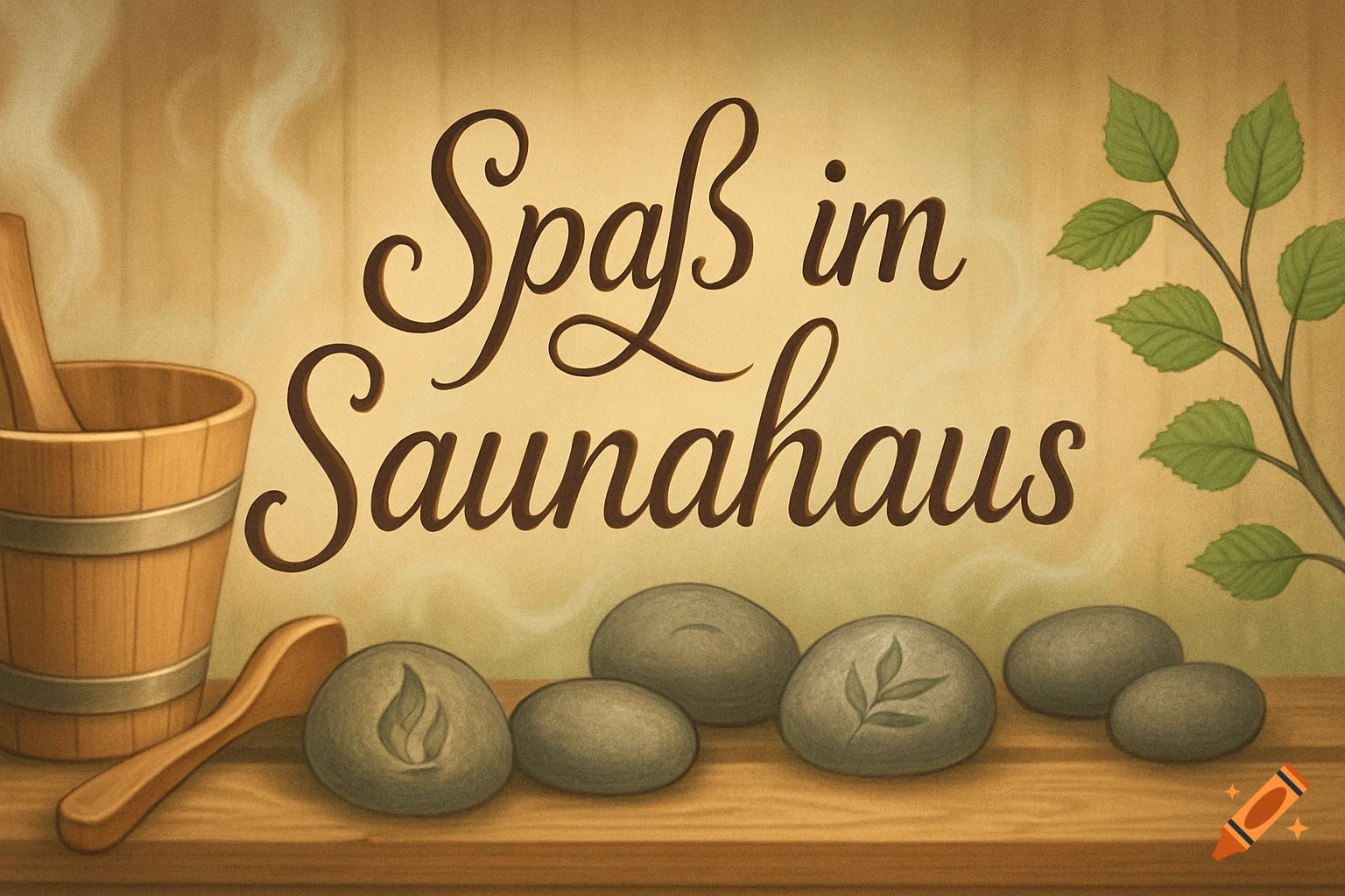 Illustration of sauna accessories including a wooden bucket, ladle, spoon, stones with carved symbols, green leaves, and text 'Spaß im Saunahaus' on a wooden background.