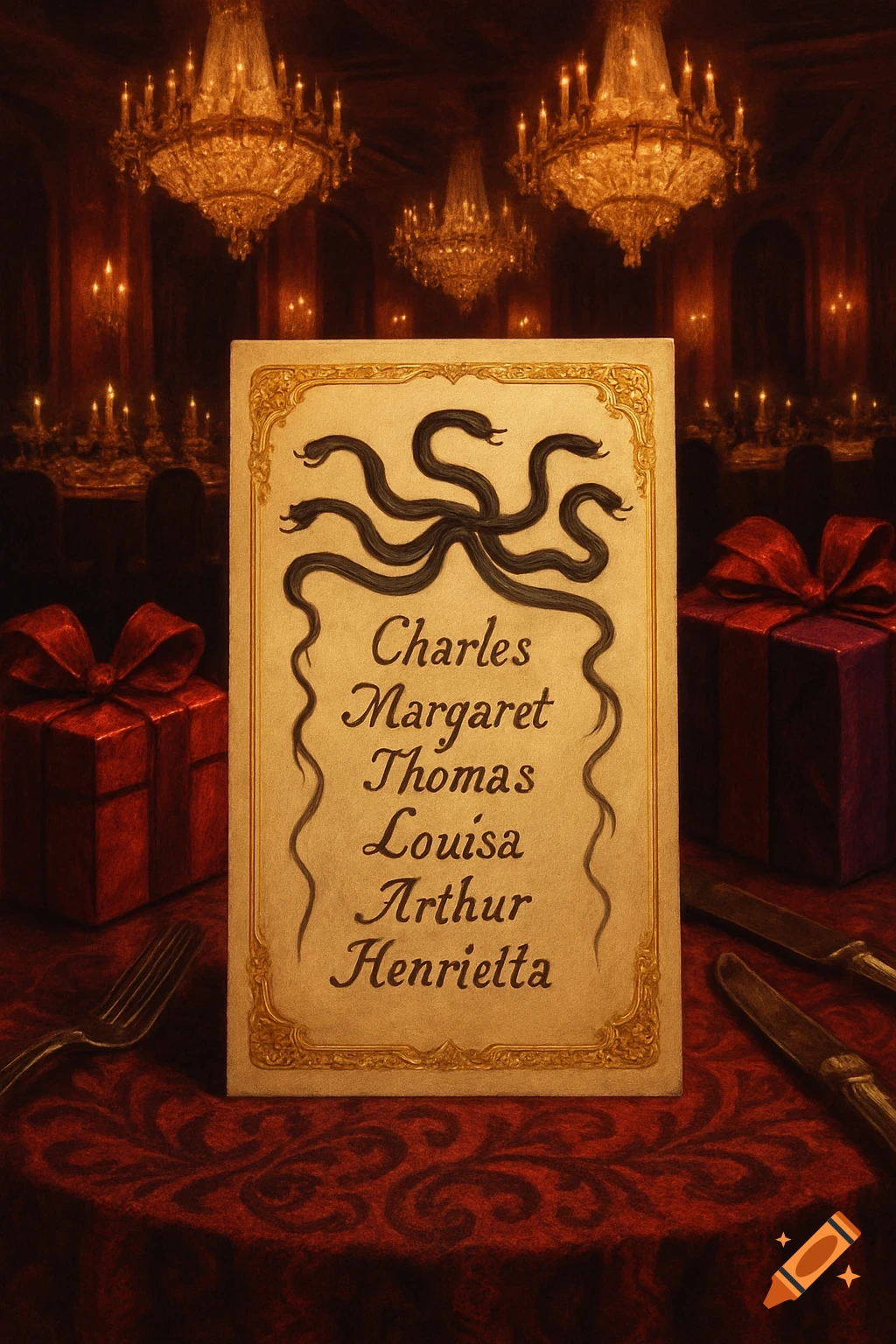 A formal dining room with chandeliers, red tablecloth, and gift boxes. A card in the foreground lists names beneath intertwining black snakes.
