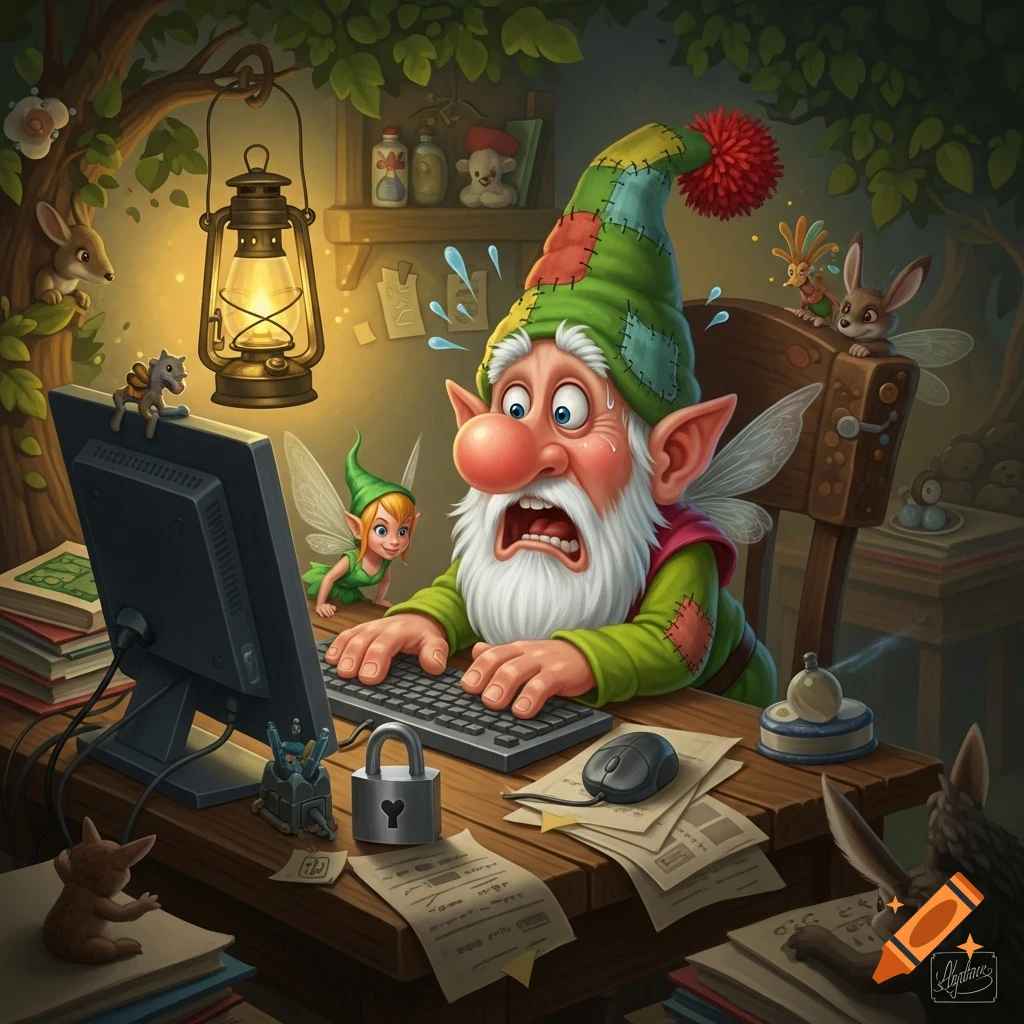 Cartoon gnome looks horrified at his computer, a fairy peeks from behind. A padlock with Mickey ears sits on the desk.
