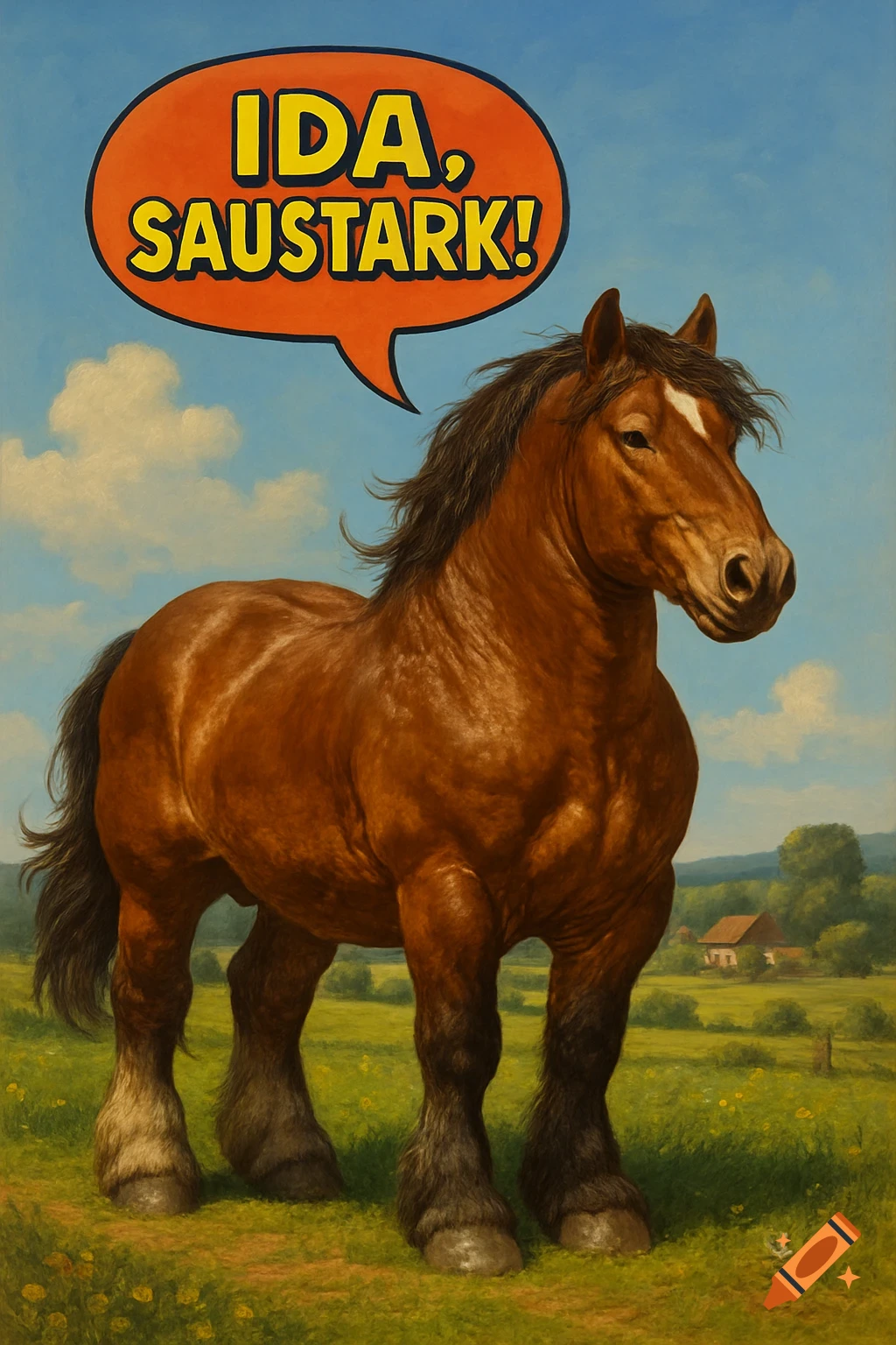 A majestic brown horse stands in a sunny green field, with a speech bubble saying "IDA, SAUSTARK!". Painted style.