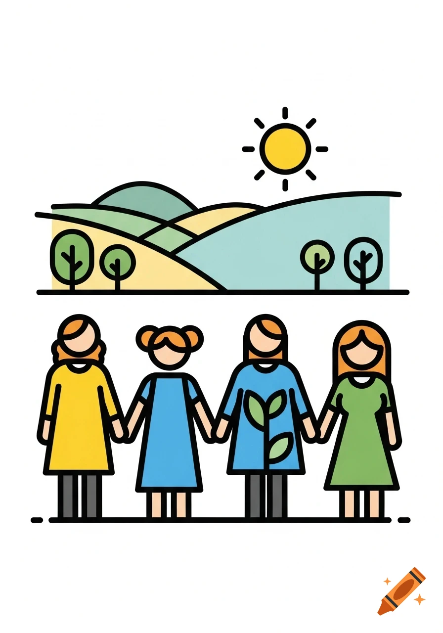 Four stylized women holding hands below a simple landscape with hills, trees, and a sun, in a pictogram style.