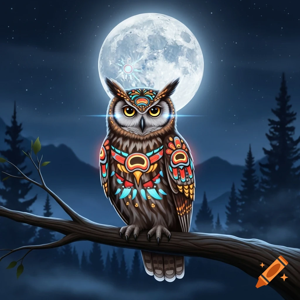 An owl adorned with colorful indigenous art patterns perches on a branch at night, with a large, full indigenous art moon in the background.