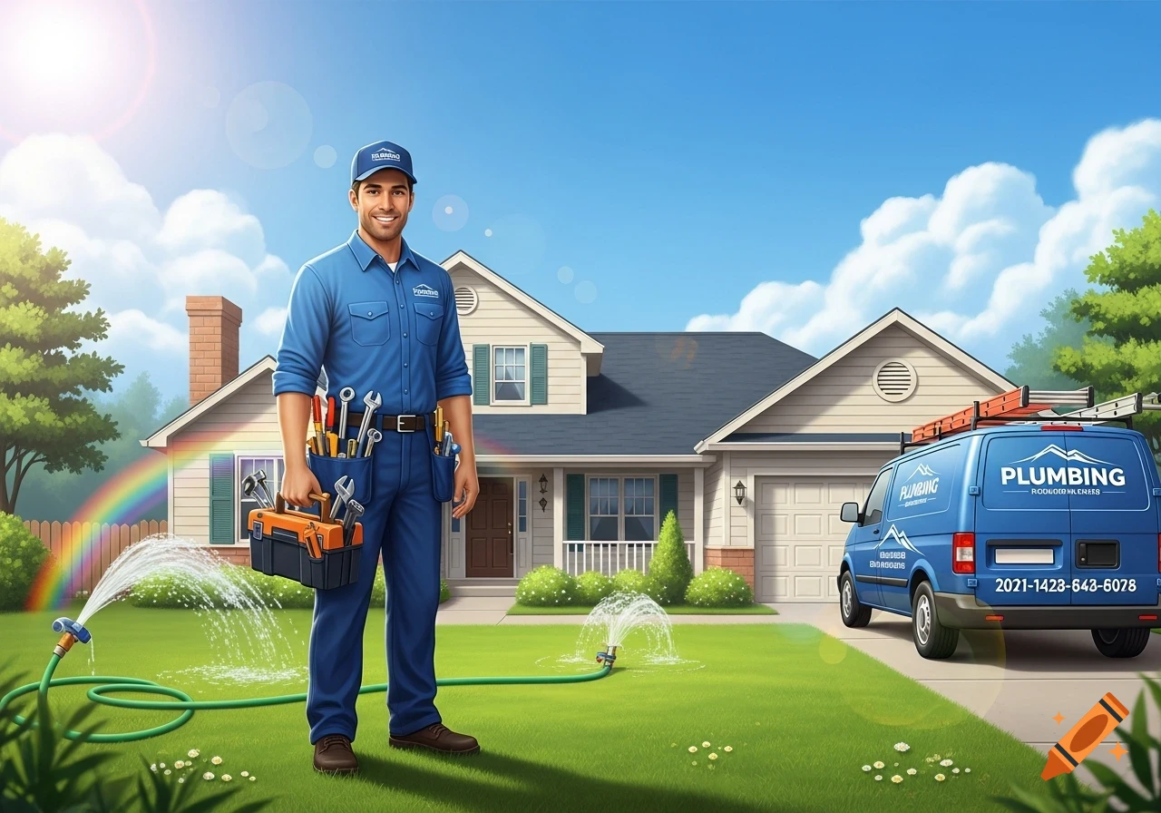 A smiling plumber in a blue uniform holds a toolbox in front of a suburban house with a blue plumbing van parked in the driveway, under a clear sky with a rainbow.