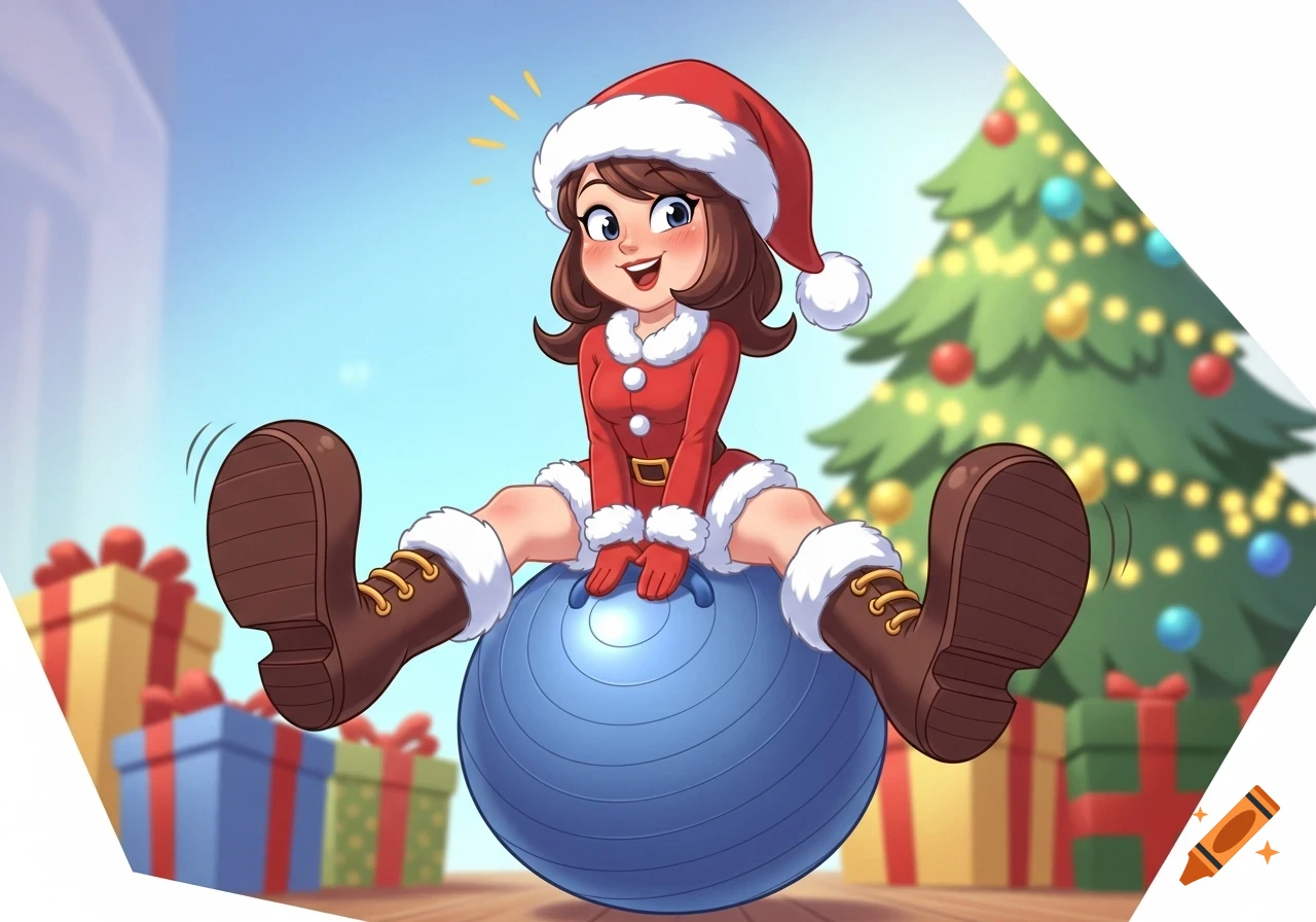 A cheerful cartoon Santa girl in a red suit sits happily on a blue exercise ball, surrounded by Christmas gifts and a tree.