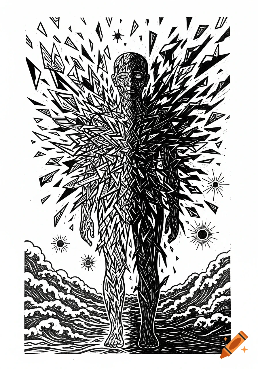 Black and white linocut of a human figure, half solid black and half shattering into white geometric fragments, with waves below.