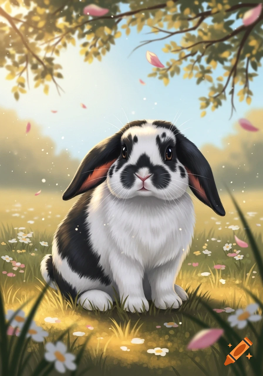 A cute black and white Mini Lop rabbit sits in a sunlit field of wildflowers under tree branches with falling pink petals, digital art.