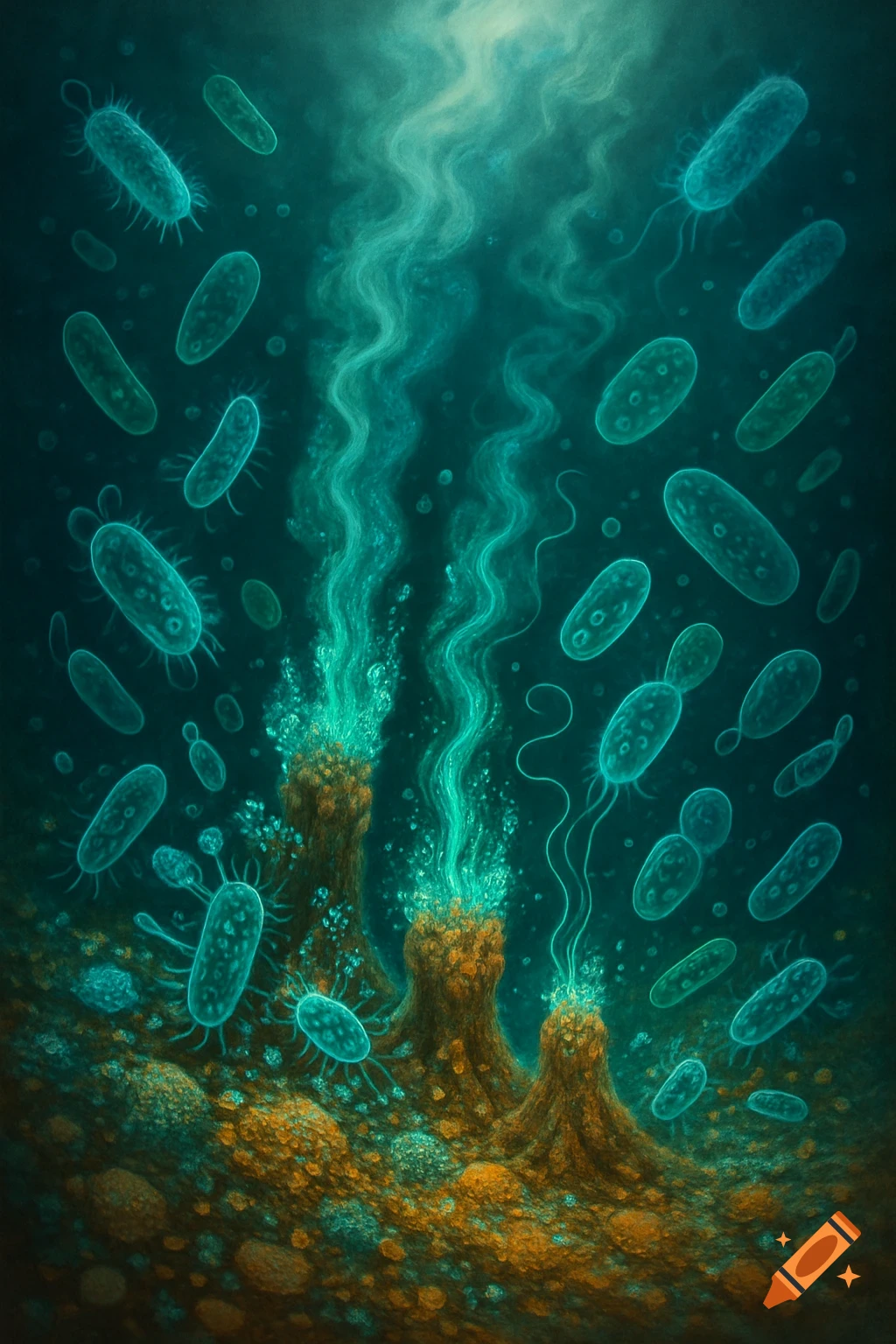 Microscopic organisms and glowing teal plumes rising from brown geological formations in a dark, teal underwater scene.