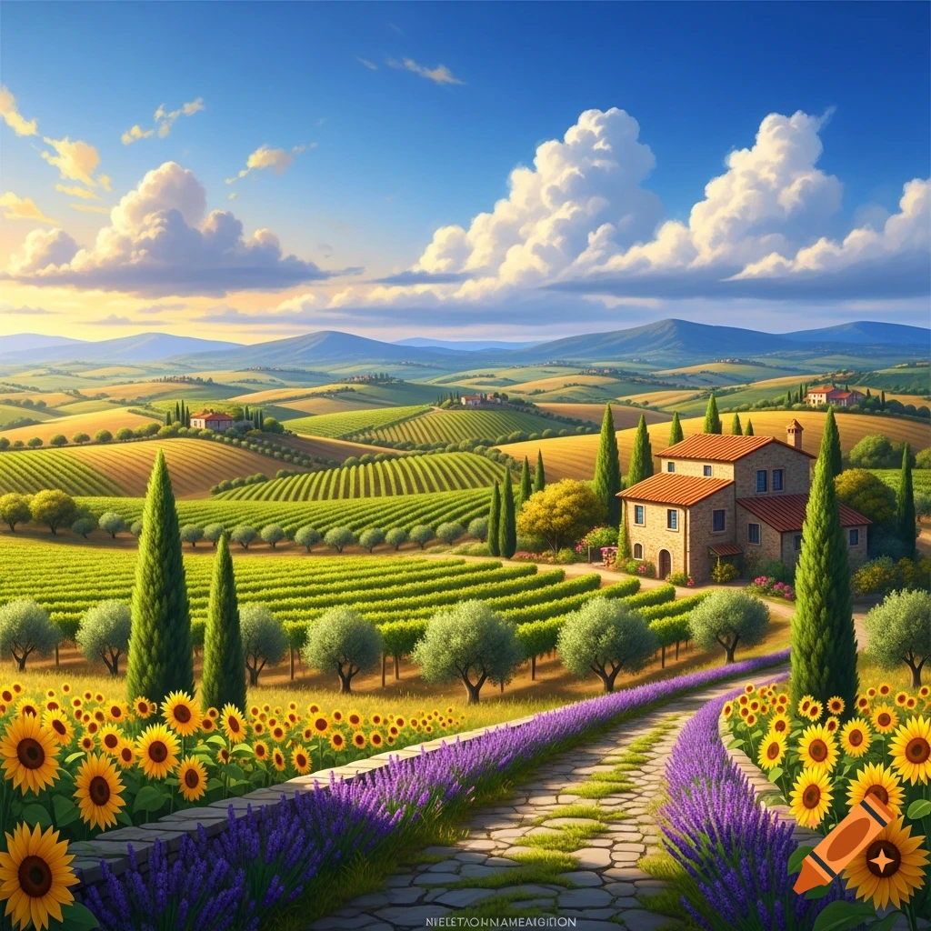 A vibrant illustration of a picturesque Tuscan landscape featuring rolling vineyards, a stone farmhouse, a winding path lined with sunflowers and lavender, under a bright blue sky.