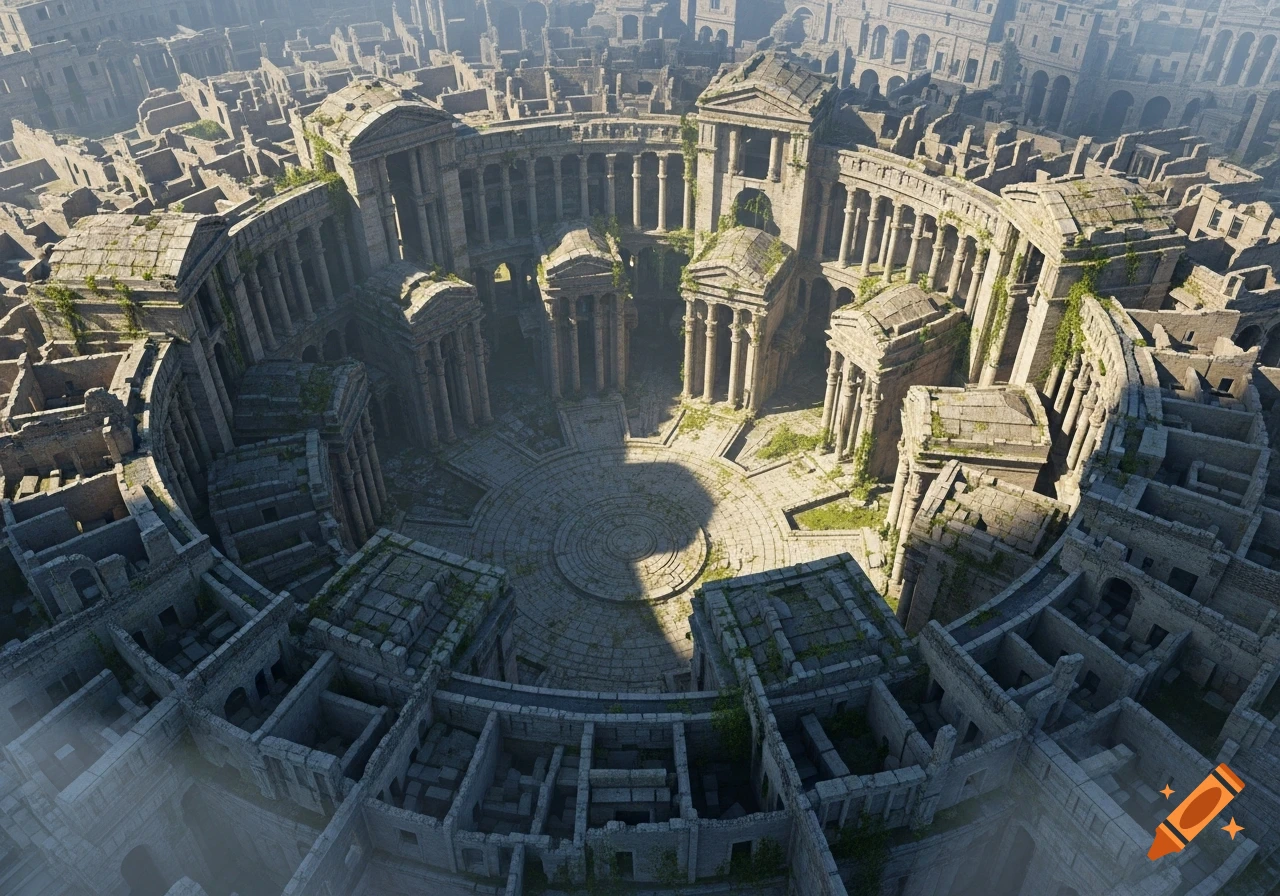 Aerial view of a sprawling, circular ancient ruined city made of crumbling stone buildings, with a central plaza and a misty atmosphere.