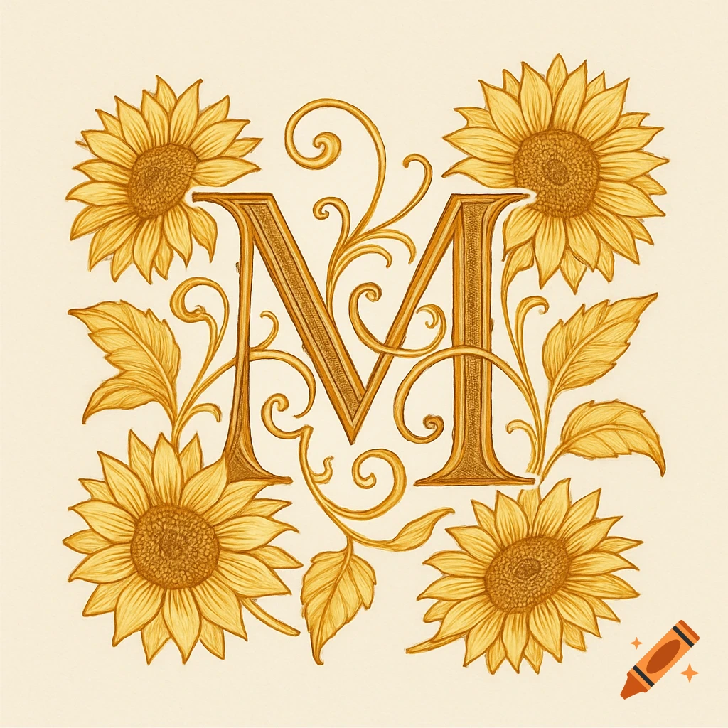 Ornate golden letter M monogram with scrollwork and four sunflowers on a cream background, in an illustrative style.