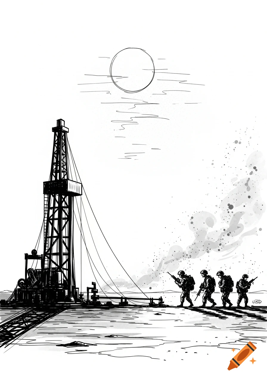 Sketchy political cartoon of US troops approaching an oil rig in a flat desert, with ink splashes and a simple sun above.