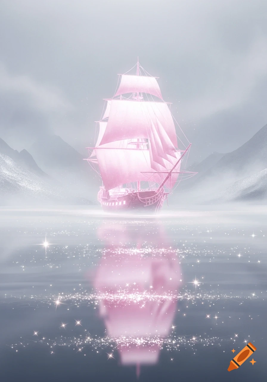 A dreamy pink ghost ship with glowing sails reflected on glittering water in a misty, mountainous landscape.