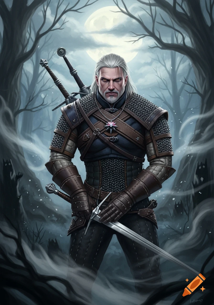 A man with white hair, chainmail, and leather armor stands in a dark forest under a full moon, holding a sword.
