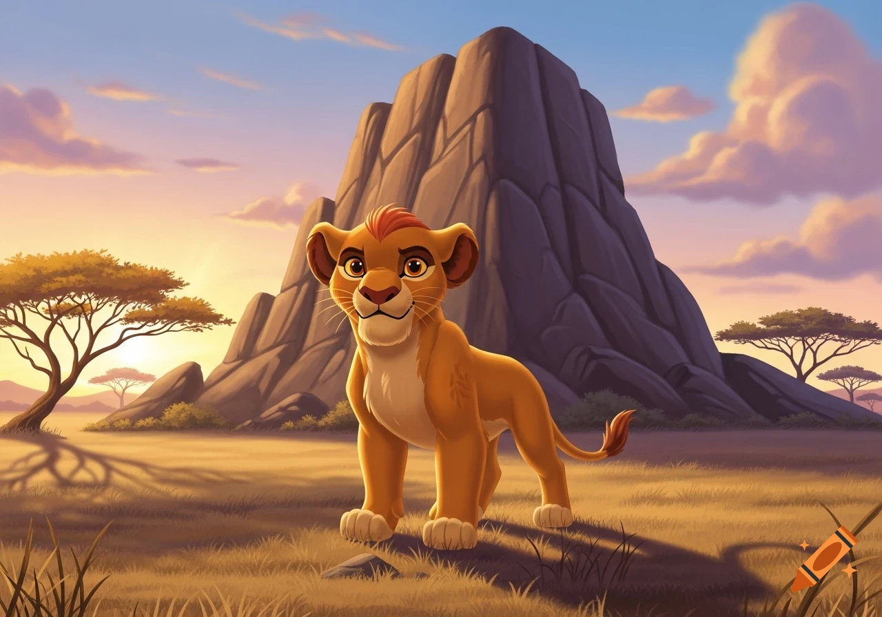 A smiling cartoon lion cub, Kion, stands in a golden savanna landscape at sunset with a large rock mountain behind him.