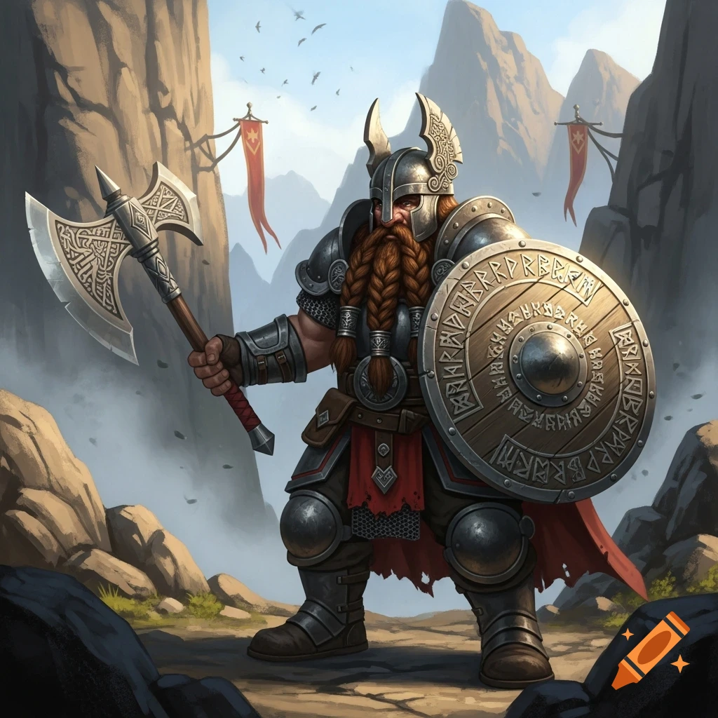 A fantasy dwarf warrior with a braided red beard, ornate armor, battle-axe, and runic shield stands in a mountain pass.