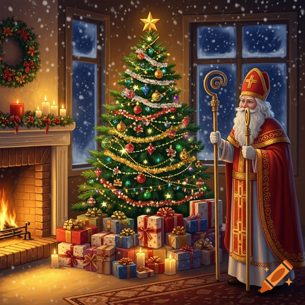An illustration of Saint Nicholas standing beside a decorated Christmas tree and gifts in a cozy room with a fireplace.