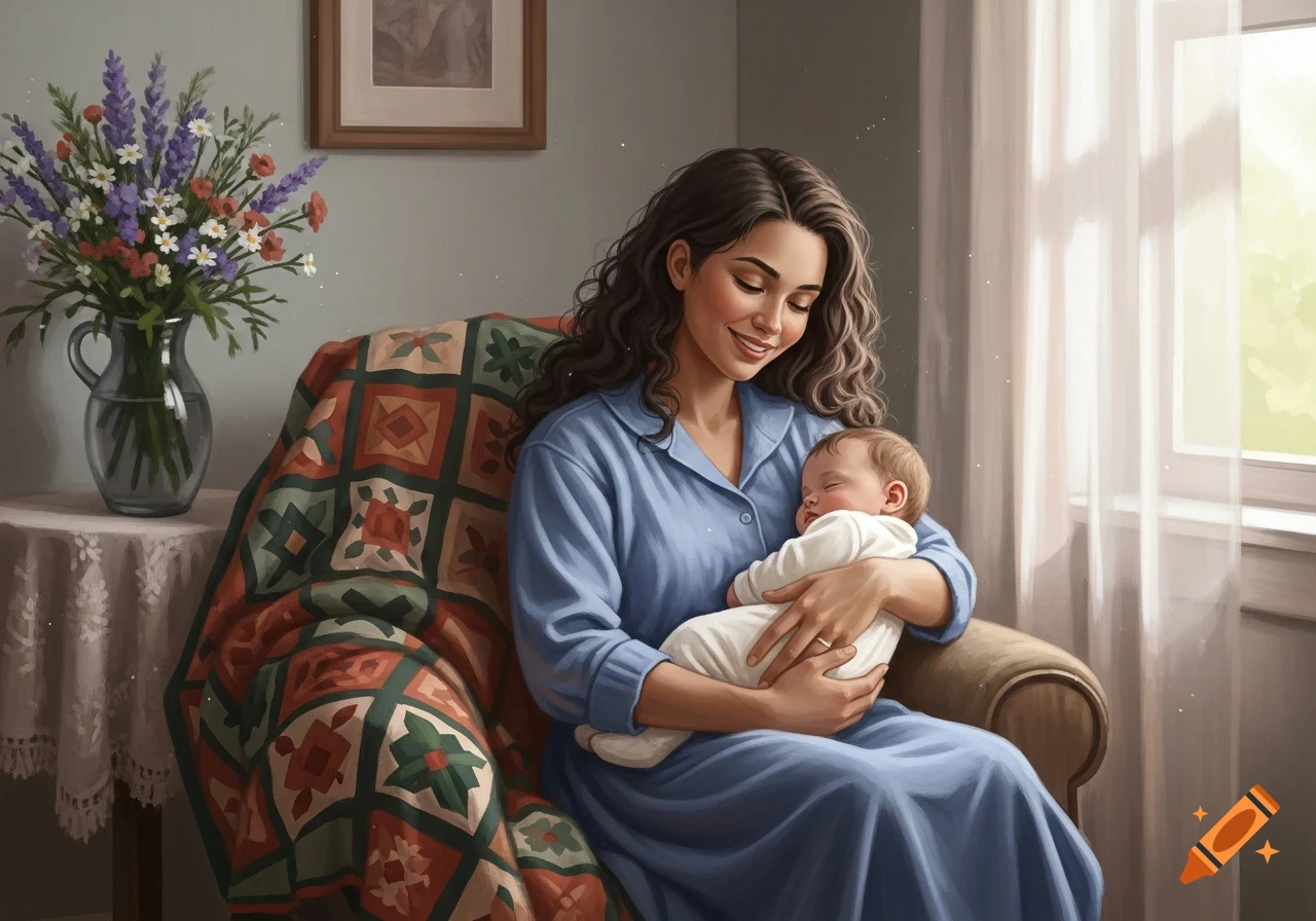 A woman in blue pajamas gently holds a sleeping baby, sitting by a quilt and flowers in a soft, illustrative style.