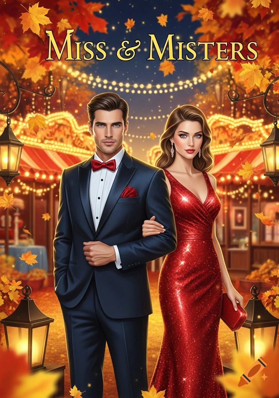 An illustrated man in a suit and woman in a sparkling red dress link arms at a festive autumn event with string lights and fall leaves, titled "Miss & Misters".