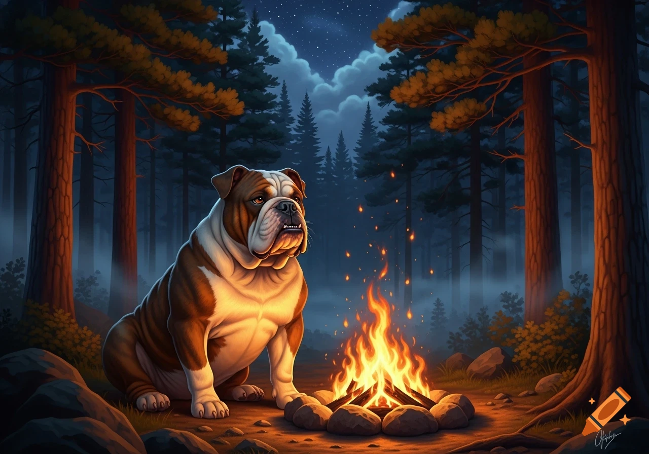 A brown and white bulldog sits by a roaring campfire in a dark, stylized forest at night under a starry sky.