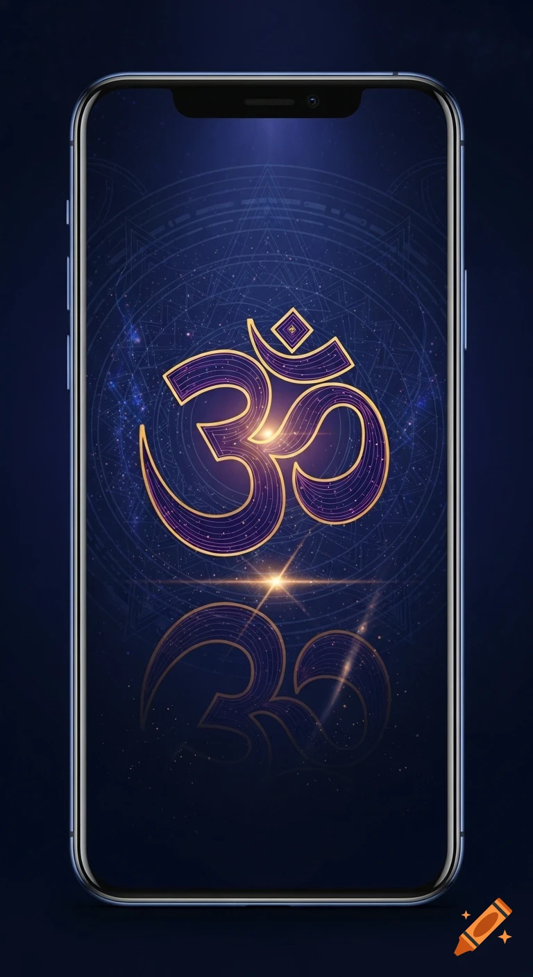 A smartphone displaying a glowing purple and gold Om symbol on a dark blue cosmic wallpaper.