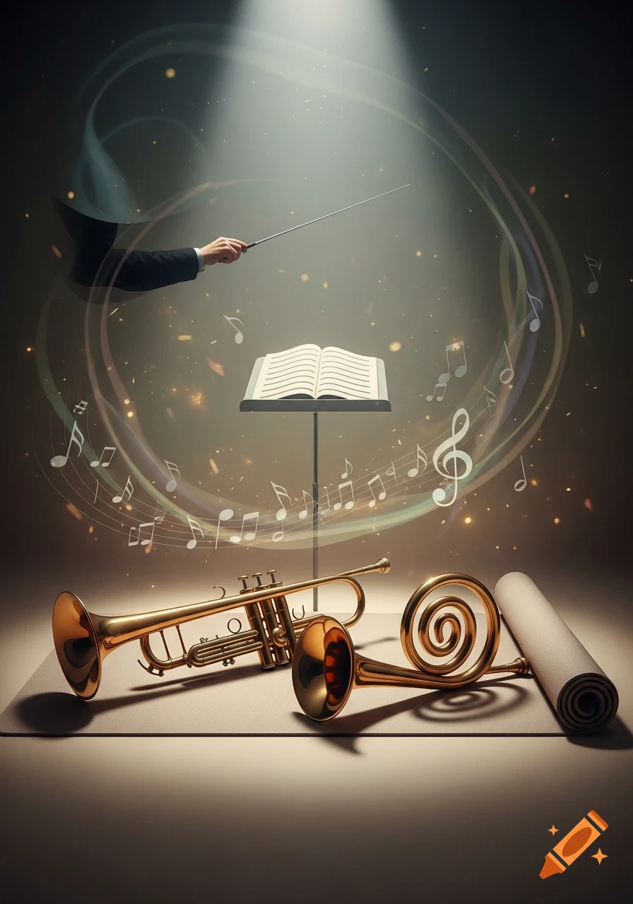 A conductor's hand directs an orchestra with a baton over a music stand. Musical notes and light swirl around a trumpet and a french horn on the floor.