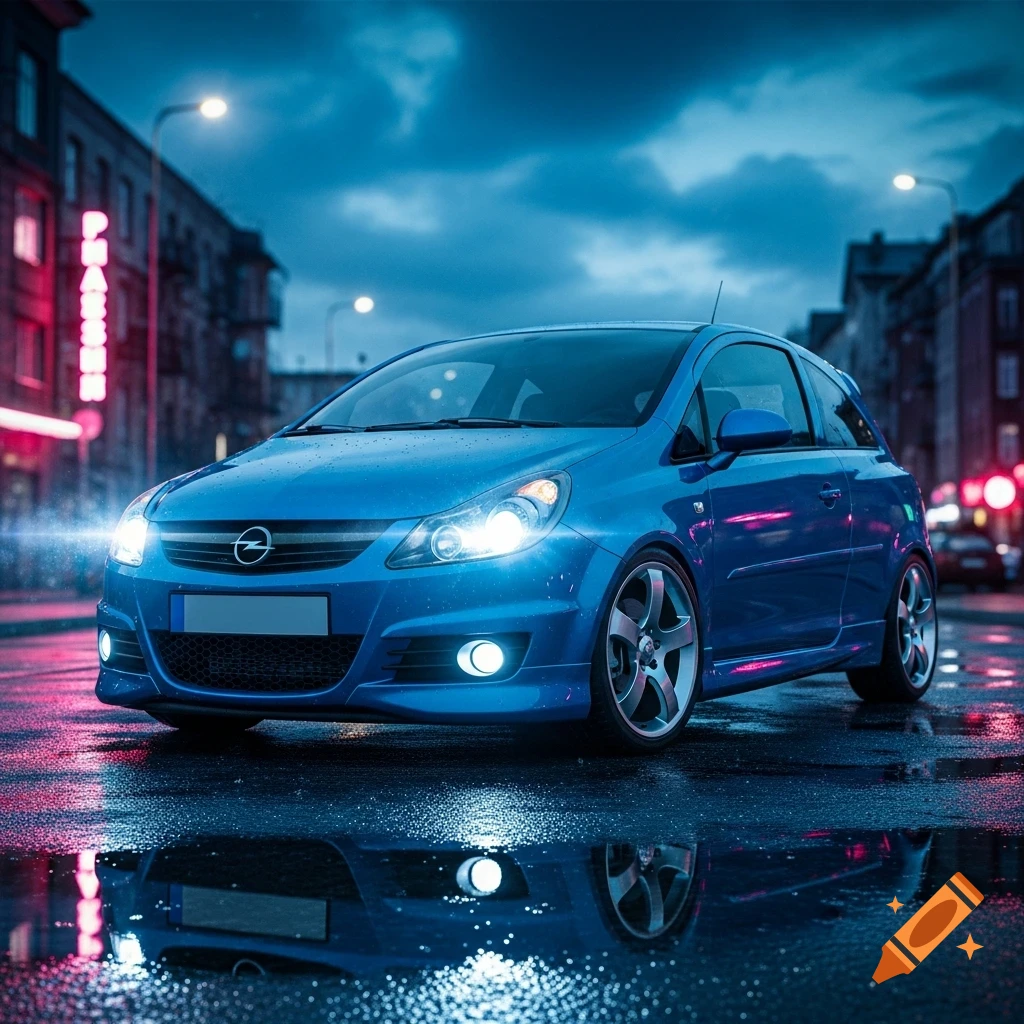 A shiny blue Opel Corsa b sports car parked on a wet city street at night, illuminated by bright headlights and neon signs.