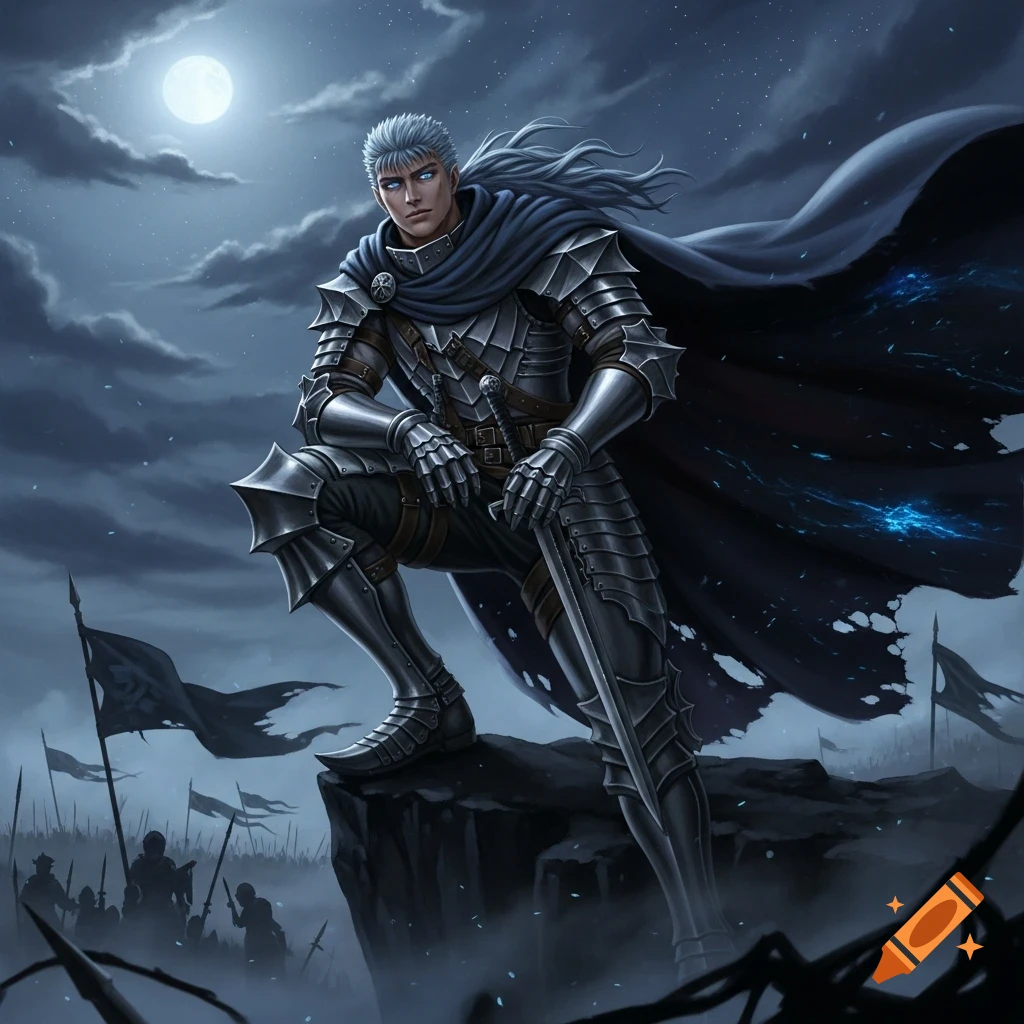 An armored warrior with white hair crouches on a rock on a moonlit ...