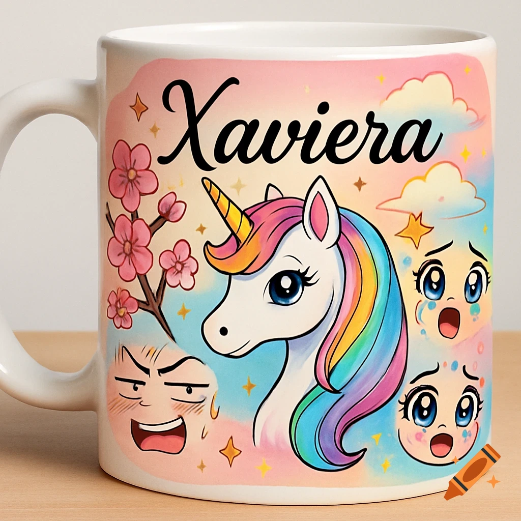 A white mug with a colorful cartoon design featuring a unicorn, cherry blossoms, anime-style emotional faces, and the name "Xaviera".