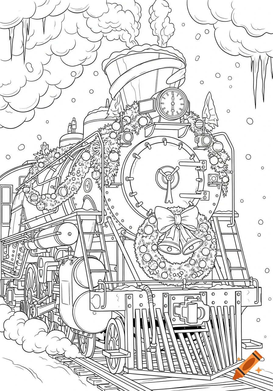 Black and white coloring page of a steam locomotive decorated with Christmas wreaths and ornaments, with smoke and falling snow.