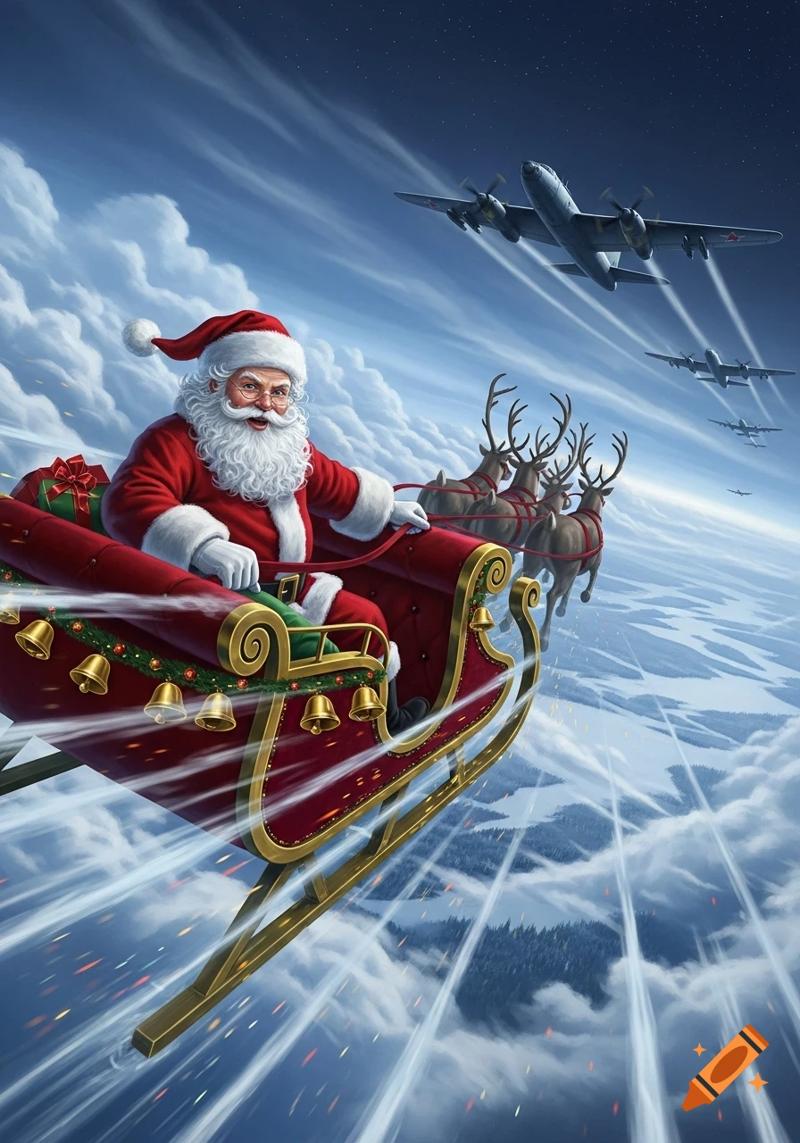 Santa Claus in his sleigh pulled by reindeer flies across a starry sky, pursued by several military bombers.