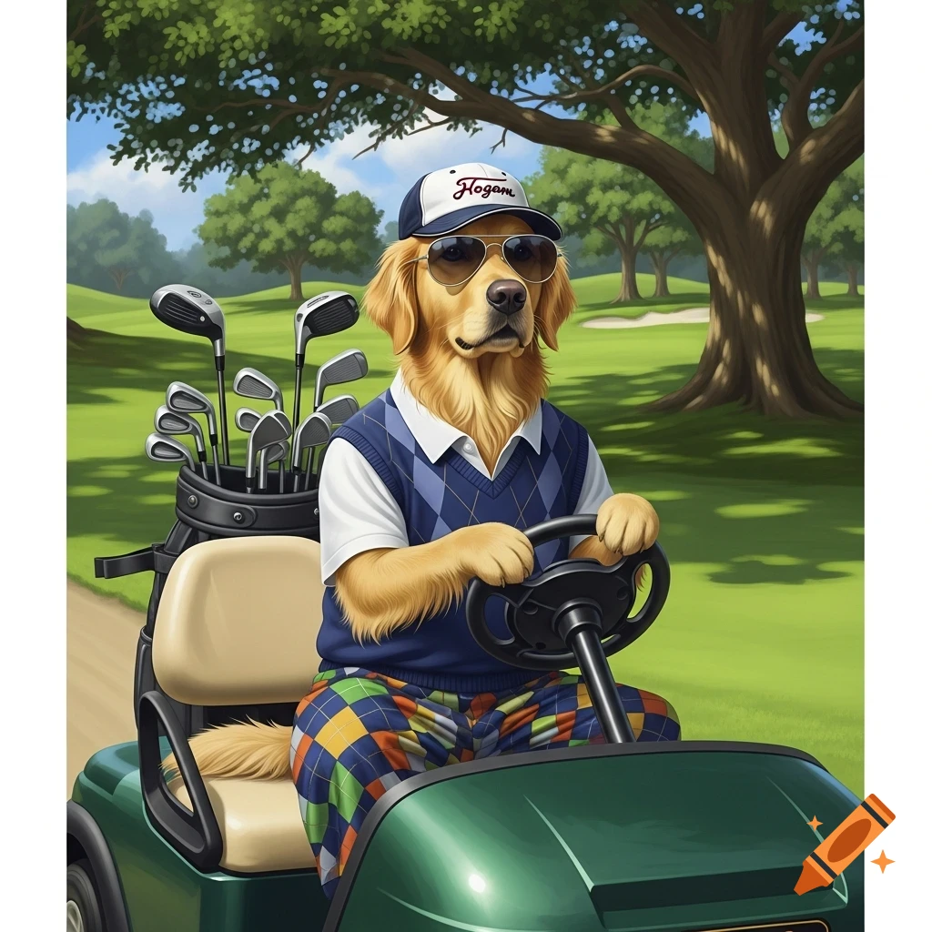 A golden retriever in sunglasses, a golf hat, argyle sweater vest, and plaid pants drives a golf cart with clubs on a golf course.