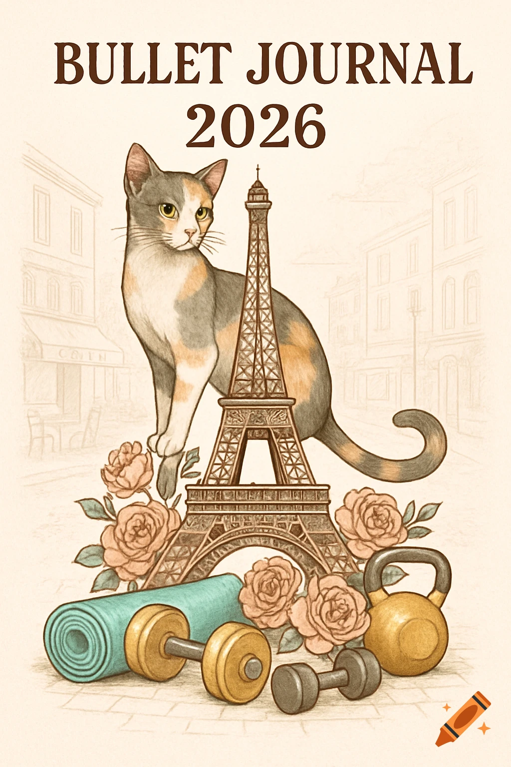 Illustration of a calico cat, Eiffel Tower, roses, and gym gear with 'BULLET JOURNAL 2026' text, against a sketched Paris street.