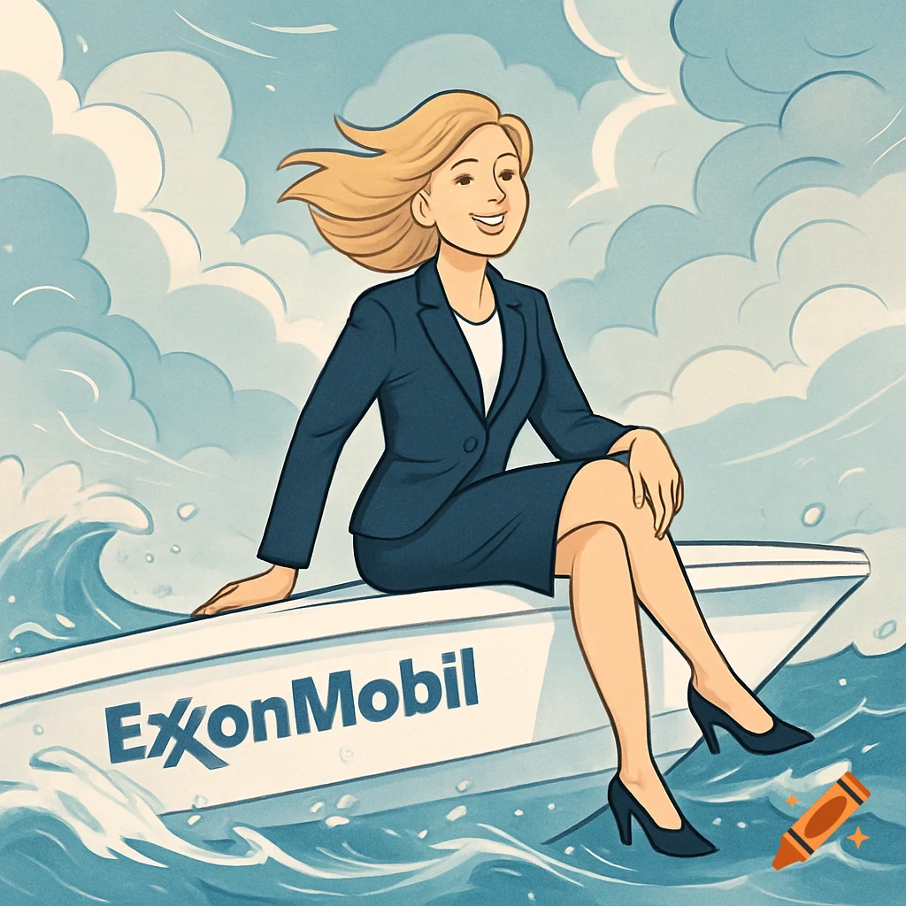 Smiling blonde businesswoman in a suit sits on an 'ExxonMobil' boat in stormy waters, clean illustration style.