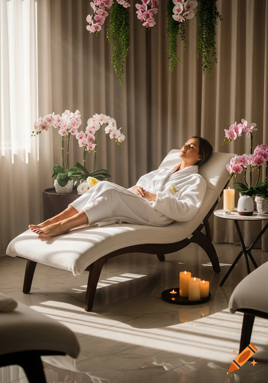 A woman in a white bathrobe relaxes on a chaise lounge in a sunlit spa room, surrounded by pink orchids and lit candles, in a photorealistic style.