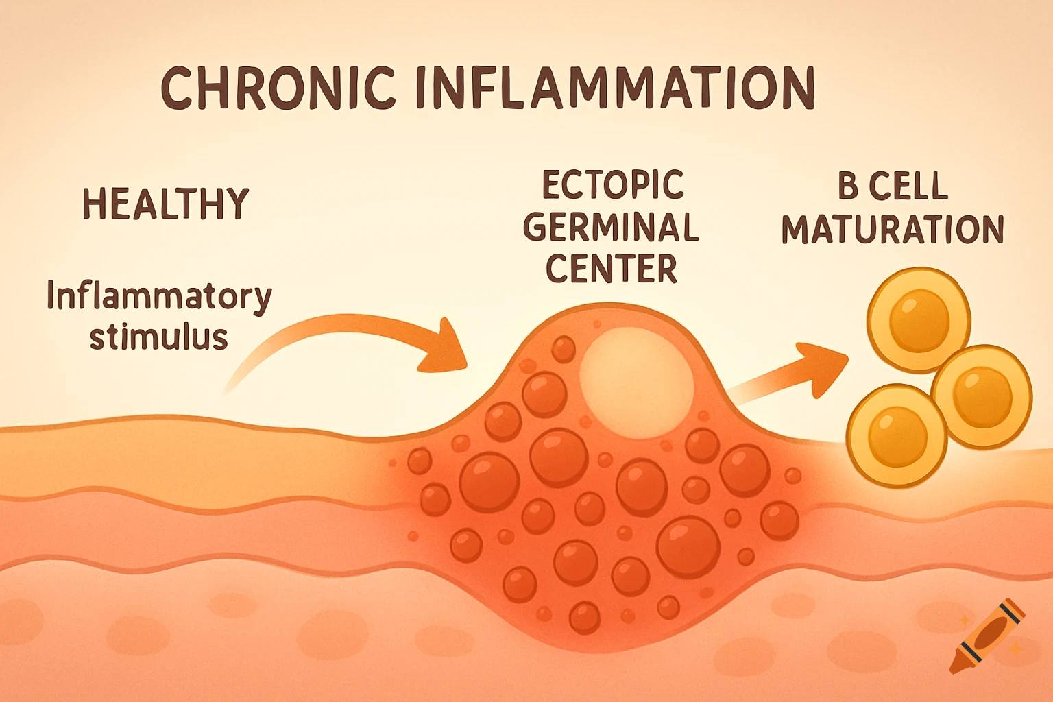 A simplified cartoon diagram illustrating chronic inflammation, showing a healthy state, an inflammatory stimulus, ectopic germinal center, and B cell maturation.